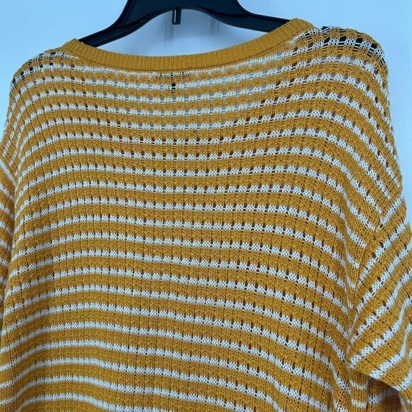 Talbots Mustard Yellow Stripe Open Knit Tunic Sweater 3/4 Sleeves Crew Neck Sz M - Picture 7 of 10
